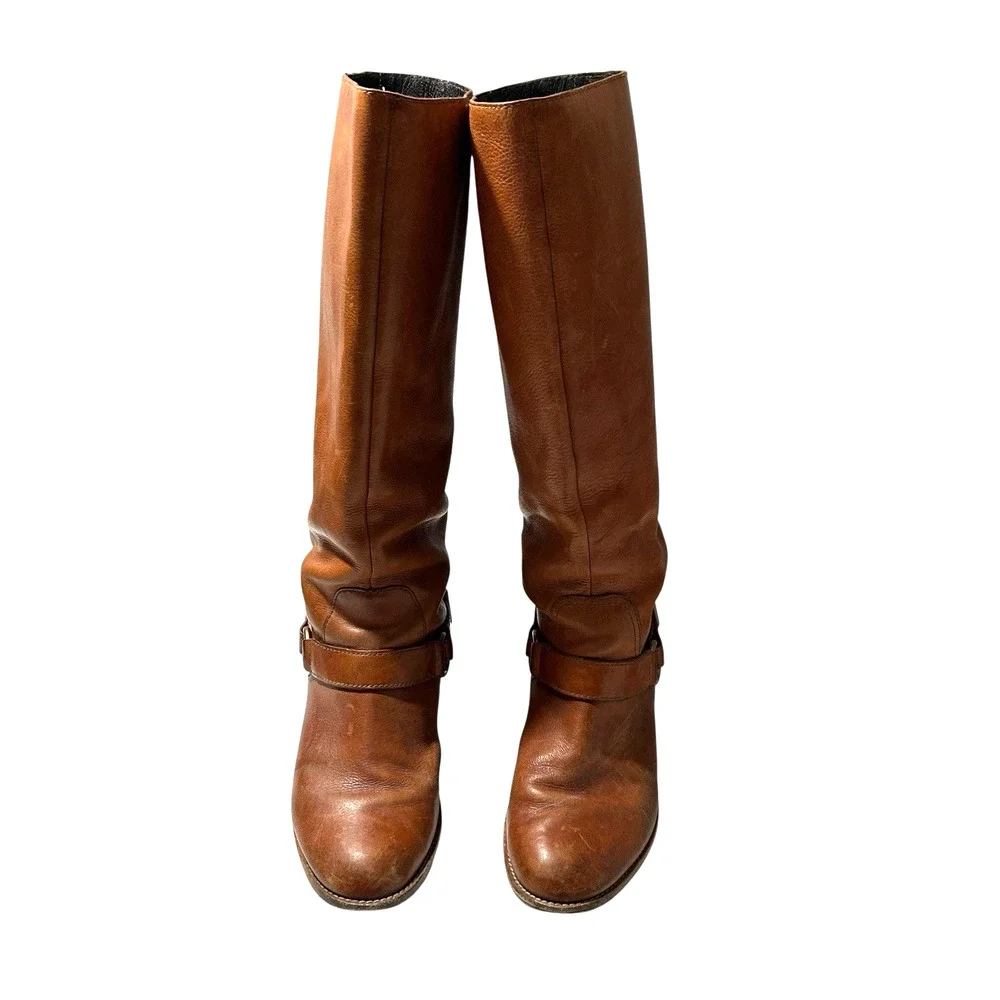 Coach Natale Harness Riding Boots Women 7.5B Cognac Leather Knee High Equestrian